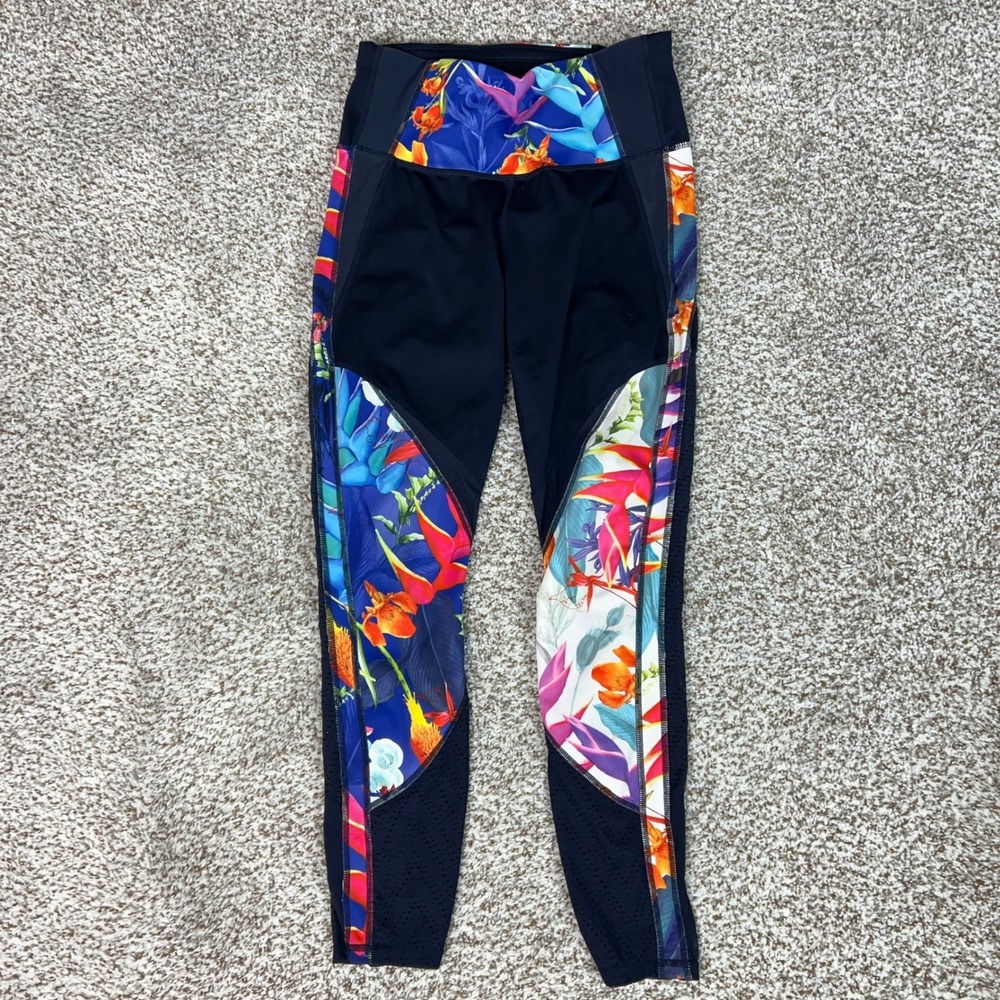 Athleta Leggings Women Small Blue Tropical Precision Mesh 7/8 Pants Workout Gym